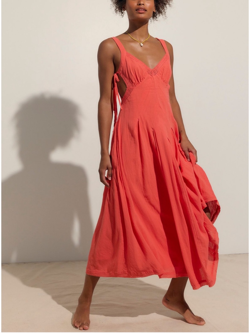Free People Vivi Cotton Midi Dress Large Radiant Watermelon Coral Maxi NWT